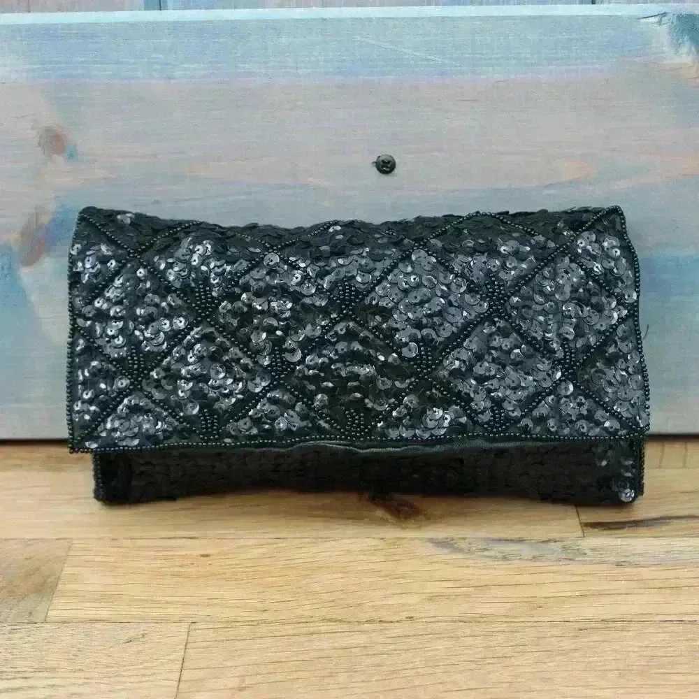 Set of 2 Vintage Black Bead and Sequin Formal Clutches Snap Closure Silky